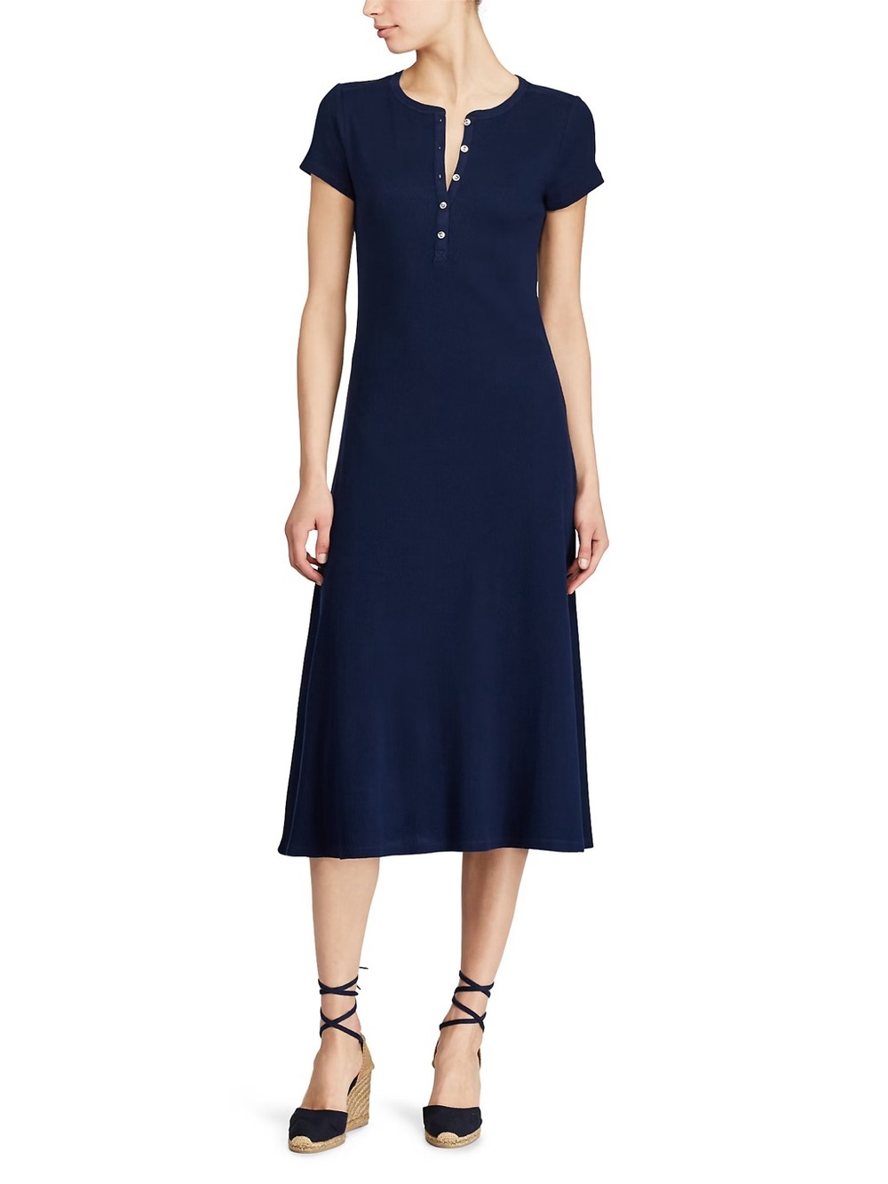 Lauren Ralph Lauren Waffle-Knit Henley Dress In True Indigo Navy Midi Size 4